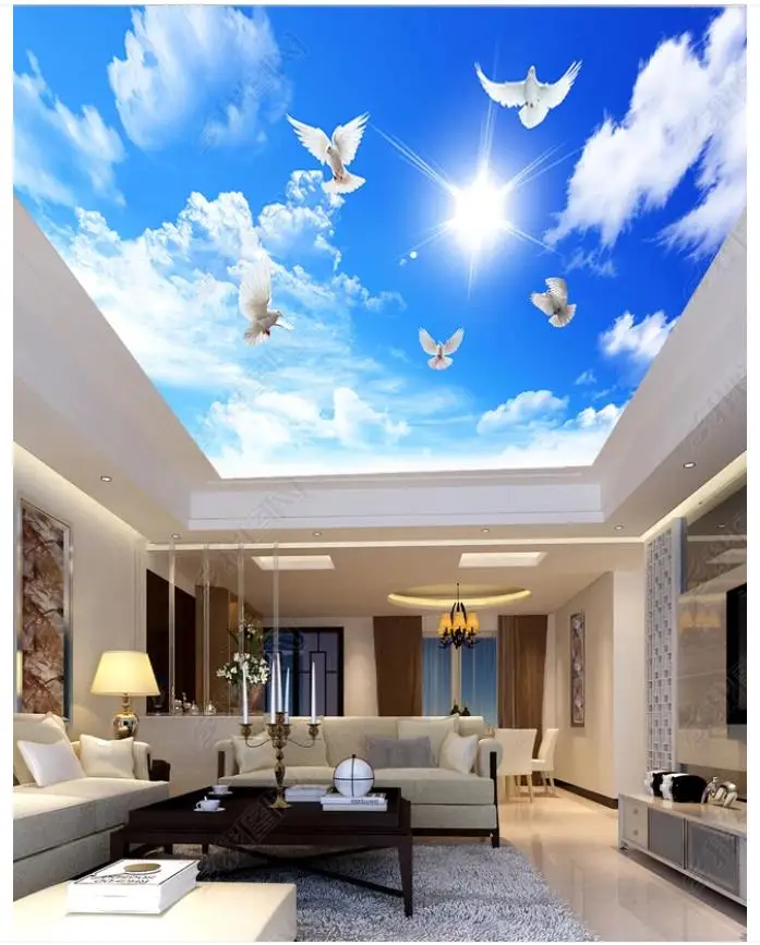 

Custom ceiling wallpaper 3d zenith mural wallpaper 3 d Beautiful blue sky and white clouds pigeon sky ceiling background wall