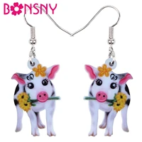 bonsny acrylic flower pink pig piggy earrings big long dangle drop cute animal jewelry for girls women ladies teens accessories