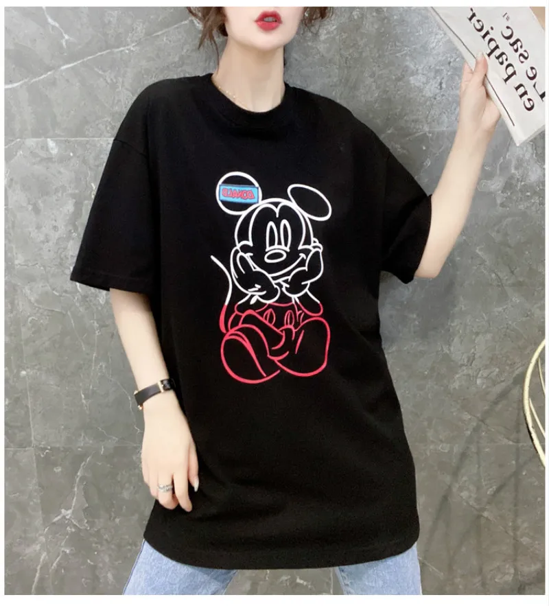 

Mickey Lady T-Shirt Loose Cartoon Print Summer Round Neck Kawaii Tops Harajuku Short Sleeve Top Tie Dyed Tshirts Streetwear New