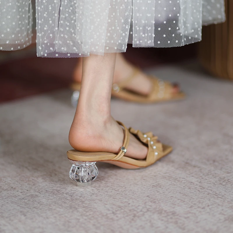 

INS hot Women sandals summer shoes 22-25cm superfine fiber upper sheepskin insole womens sandals Crystal heel Pearl chain