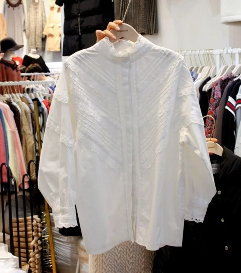 

Elegant Lace Edge Patchwork Women Buttoned Shirts White Blouses Spring Long Sleeve Women Tops Korean Chic Blusas Mujer