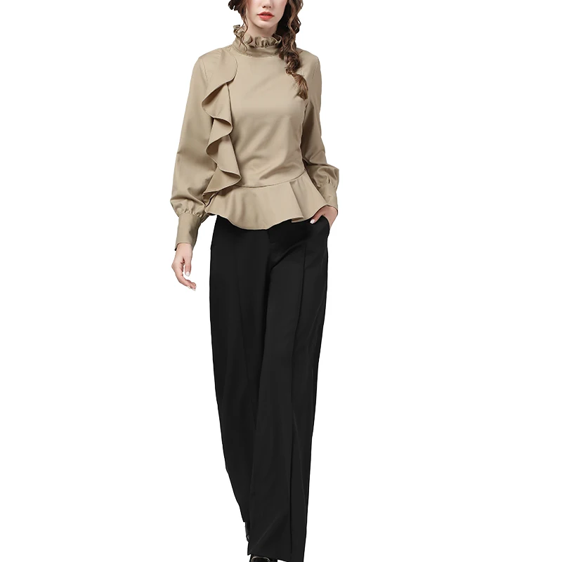

Elegant Khaki Ruffles Blouse Women Autumn New Long Sleeve Stand Ruffled Collar Skirted Tops Formal Office Ladies Work Wear Shirt