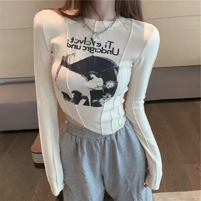 

Slim Tshirt Funny Letter Print T Shirts Women Aesthetic Harajuku T-shirt Casual Short Tops Long Sleeve Sexy Female TShirt L1814