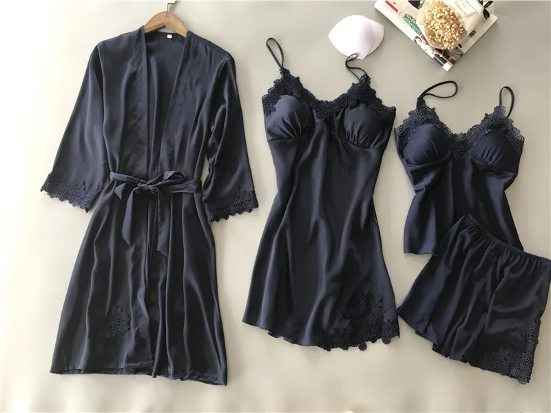 Spring New 4 Pcs Lace Fashion Women Pajama Set With Chest Pad Spaghetti Strap Cardigan Shorts Set Pyjamas