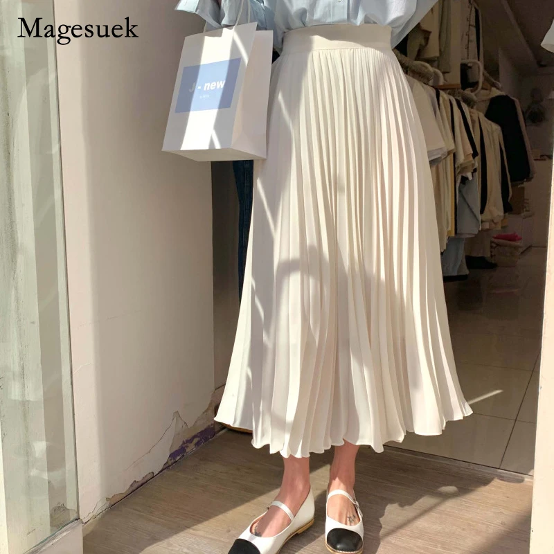 

2021 Spring Casual High Waist Long Skirts for Women Vintage Solid Pleated Skirt Women Fashion Female Skirts Faldas 13640
