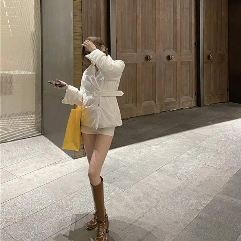 

Casual White Parkas Women New Winter Street Style White Thick Slim Cotton Jacket Designer Office Lady Sashes Outerwear S-L