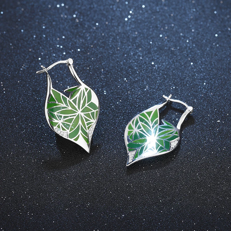 

Nature Charms Zircon Green Bamboo Leaves Authentic 925 Sterling Silver Dangle Earrings for Women Party Jewelry Fashion Enamel