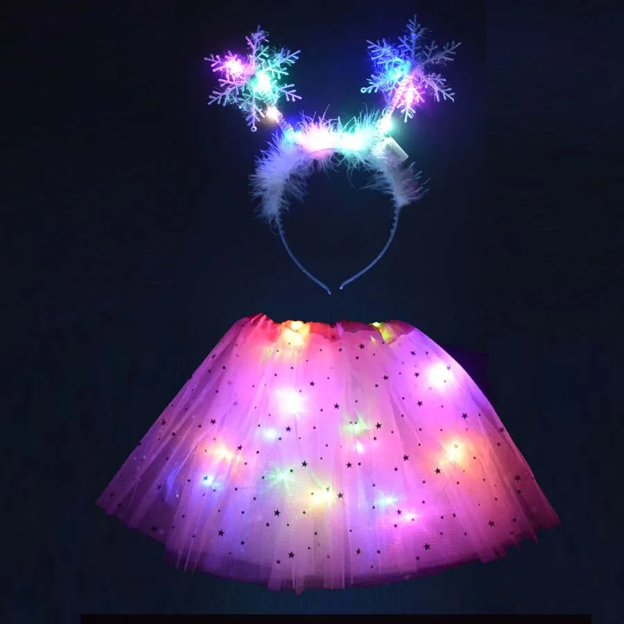 LED colors light Детский костюм для женщин и девочек светодиодный светильник, юбка-пачка со снежинками, обруч для волос светящиеся неоновые вечерние светодиодный наряд Рождественский подарок для сцены, балета, танцев - Цвет: LED colors light