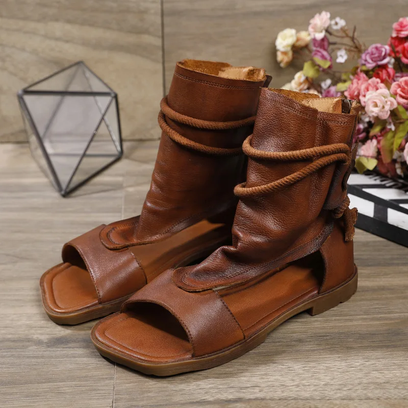 spesifikasi Origional Sandal Wanita Musim Semi Musim Panas Sepatu Sandal High-Top Wanita Lembut Kulit Asli Tali Rami Renda Mulut Ikan Gaya Baru