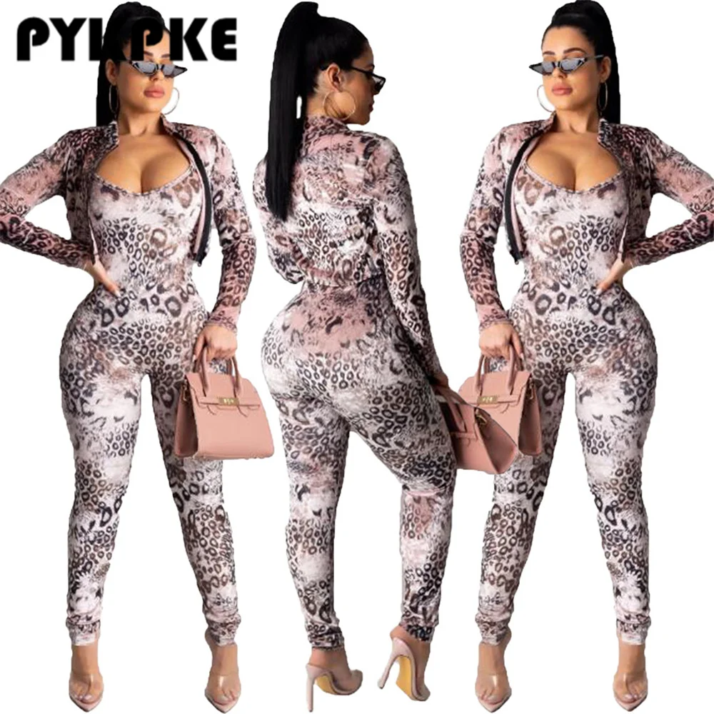 

Женский костюм, модная леопардовая куртка с длинным рукавом, Облегающий комбинезон, комплект из двух предметов, наряды