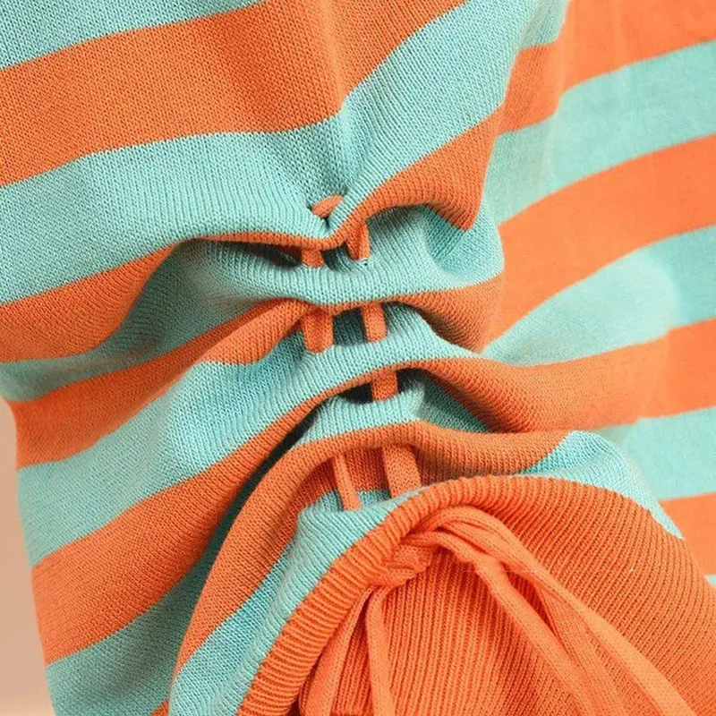 Женский трикотажный костюм в полоску плиссированный топ контрастных цветов с