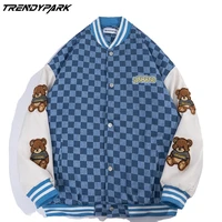 mens jacket pu leather sleeve baseball uniform embroidery bears harajuku streetwear casual oversized varsity checked grid coat