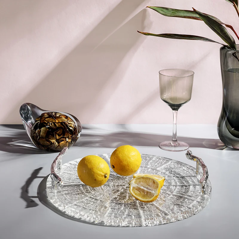 

Luxury Transparent Round Ice Cracked Texture Resin Tray Silver Alloy Branch Shape Handle Decor Living Room Home Tea Table Tray