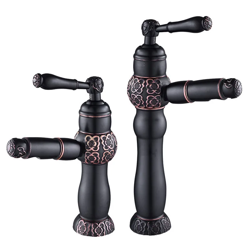 

Bathroom Basin Faucet Brass Sink Mixer Tap Pull Out Spray Nozzle Hot & Cold Black Oil Brushed/Gold Carved Lavatory Crane Faucet