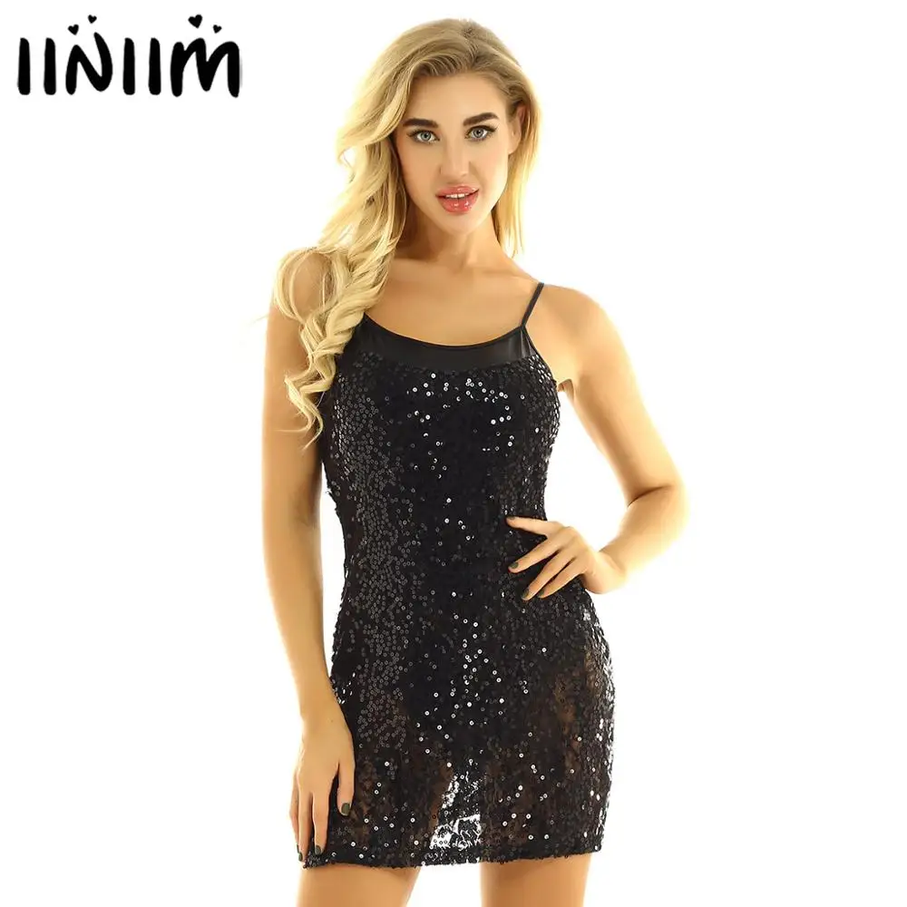 

Womens Femme Lace Mini Sequins Spaghetti Straps Holographic Leotard Dress Jazz Contemporary Dance Costume Pole Sexy Clubwear