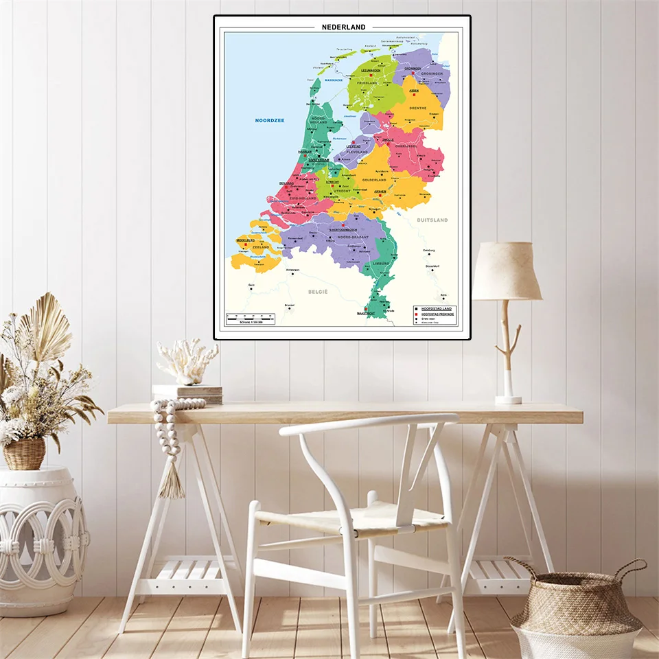 Холщовая картина с картой Нидерландов маленький постер 42*59 см настенное