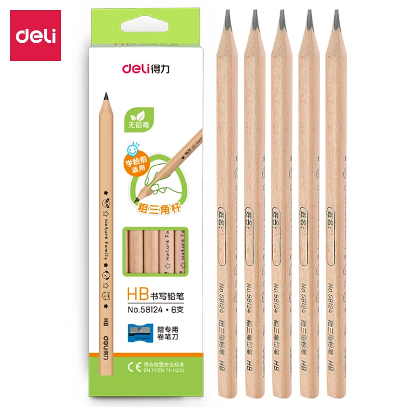 

DELI Writing Pencils for School 1 Box(6PCS+ Sharpener) HB Jumbo Triangular Pencil Set Pencils for Kids 58124