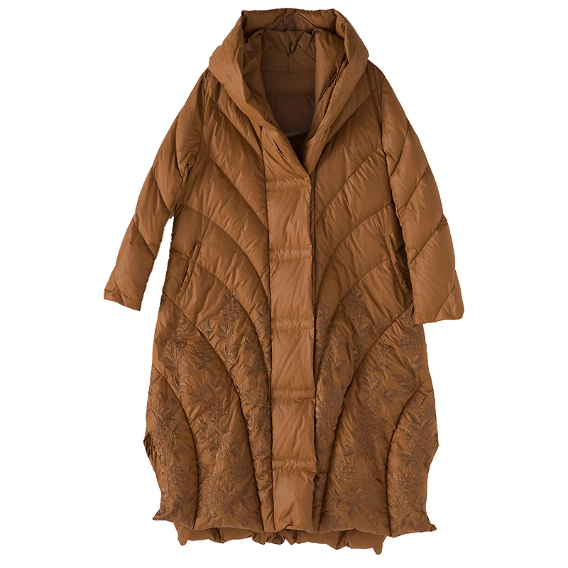 Зимнее пуховое пальто со стоячим воротником Винтажный стиль вышивка Тонкий