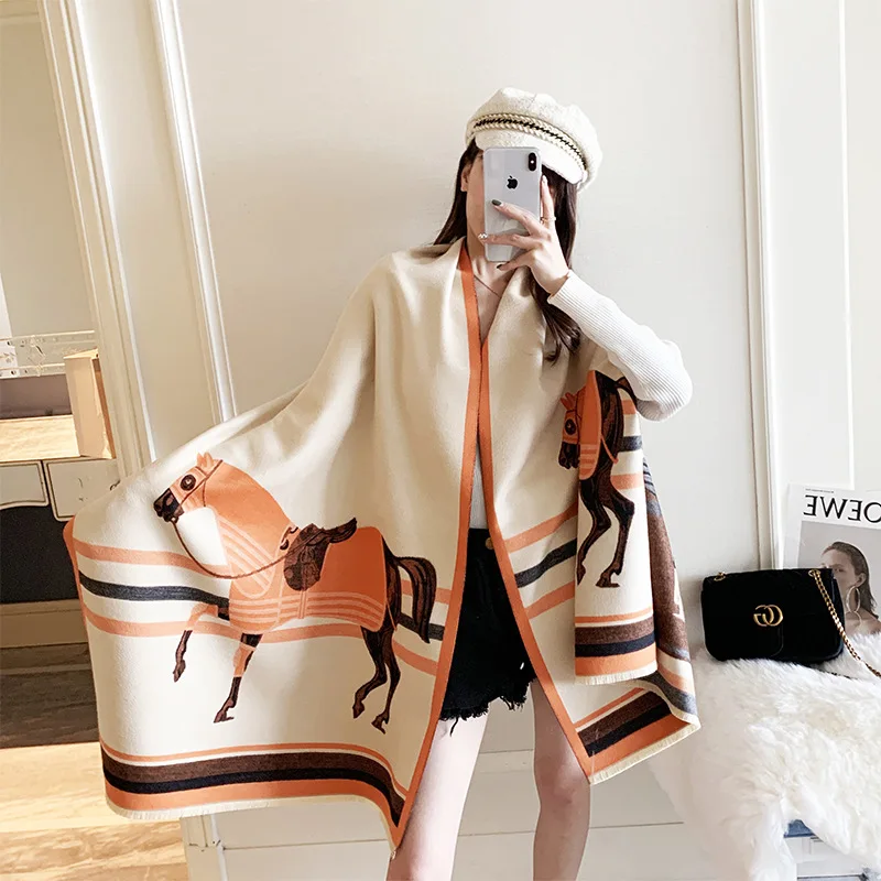 

2021new Winter Horse Print Warm Scarf for Women Cashmere Neck Bandana Luxury Brand Shawl Wrap Female Pashmina Blanket Foulard