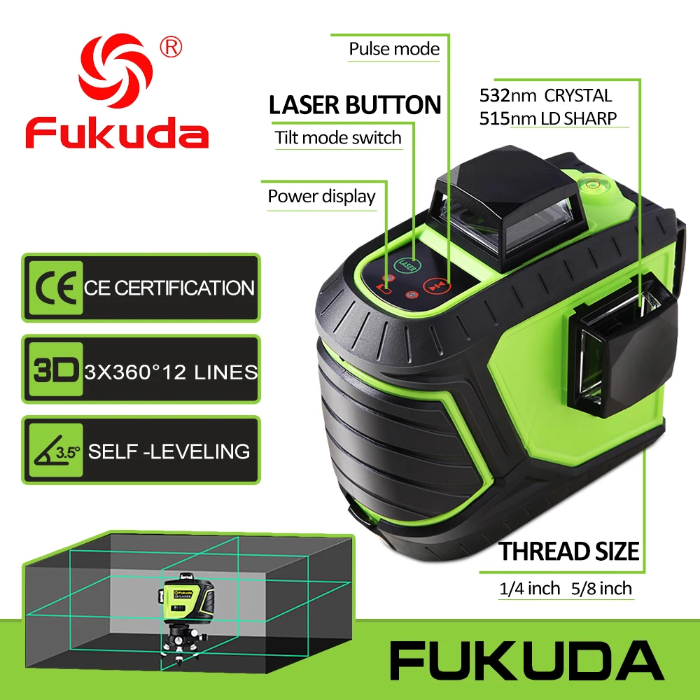 Fukuda 12 линий MW 93T 3GJ литиевая батарея зеленый лазерный уровень 360 вертикальный и