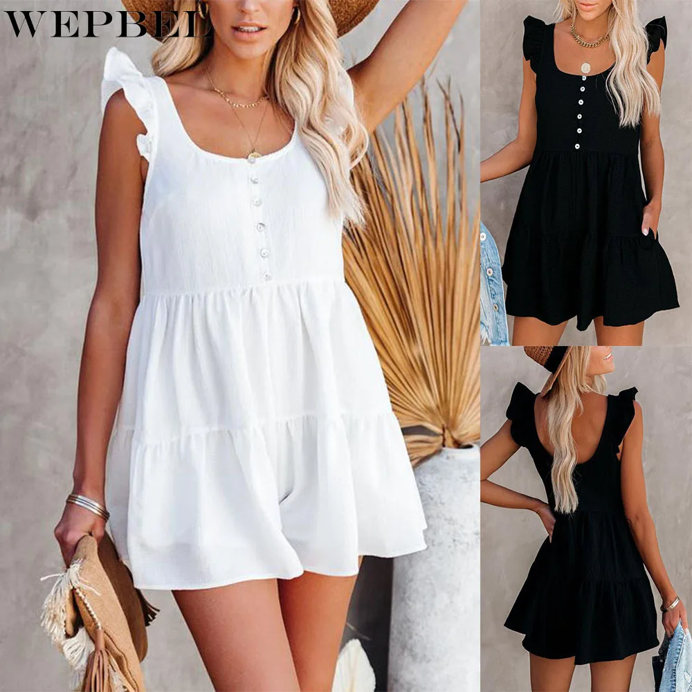 

WEPBEL Playsuits Women's O-Neck Solid Color Loose Playsuits Summer Backless Spaghetti Strap Single-Breasted Pleated Playsuits