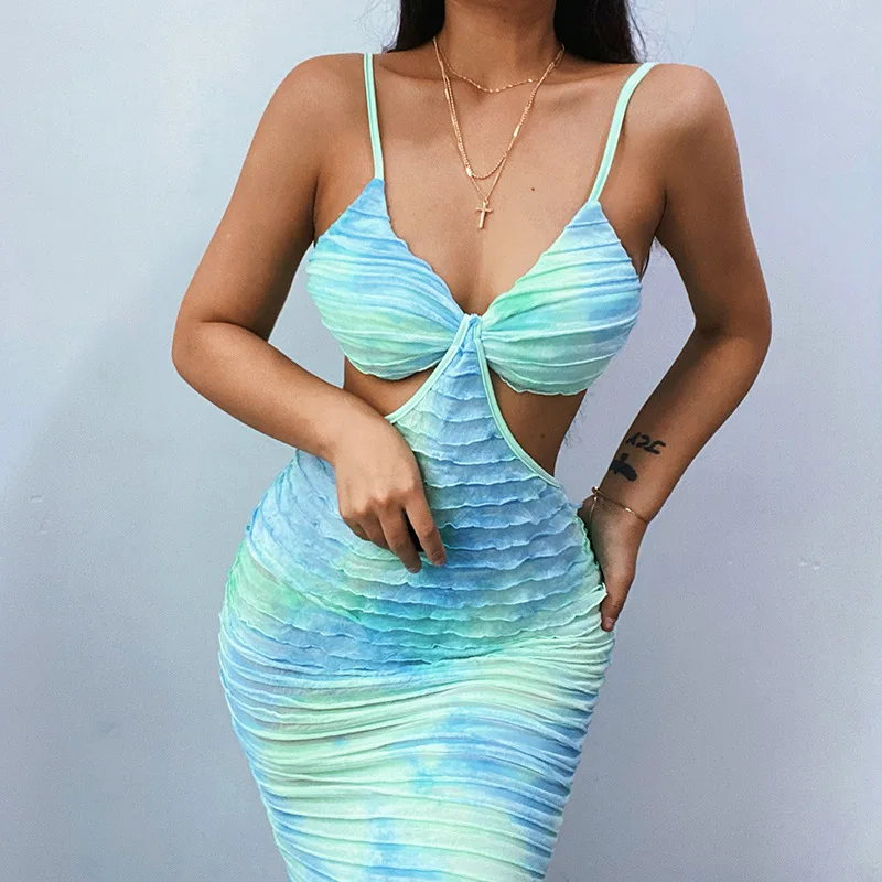 

Tie Dye Print Pleated Stacked Strap Long Dress Summer Bra Sexy Bodycon Elegant Backless Party Clubwear Vintage Vestidos Sundress