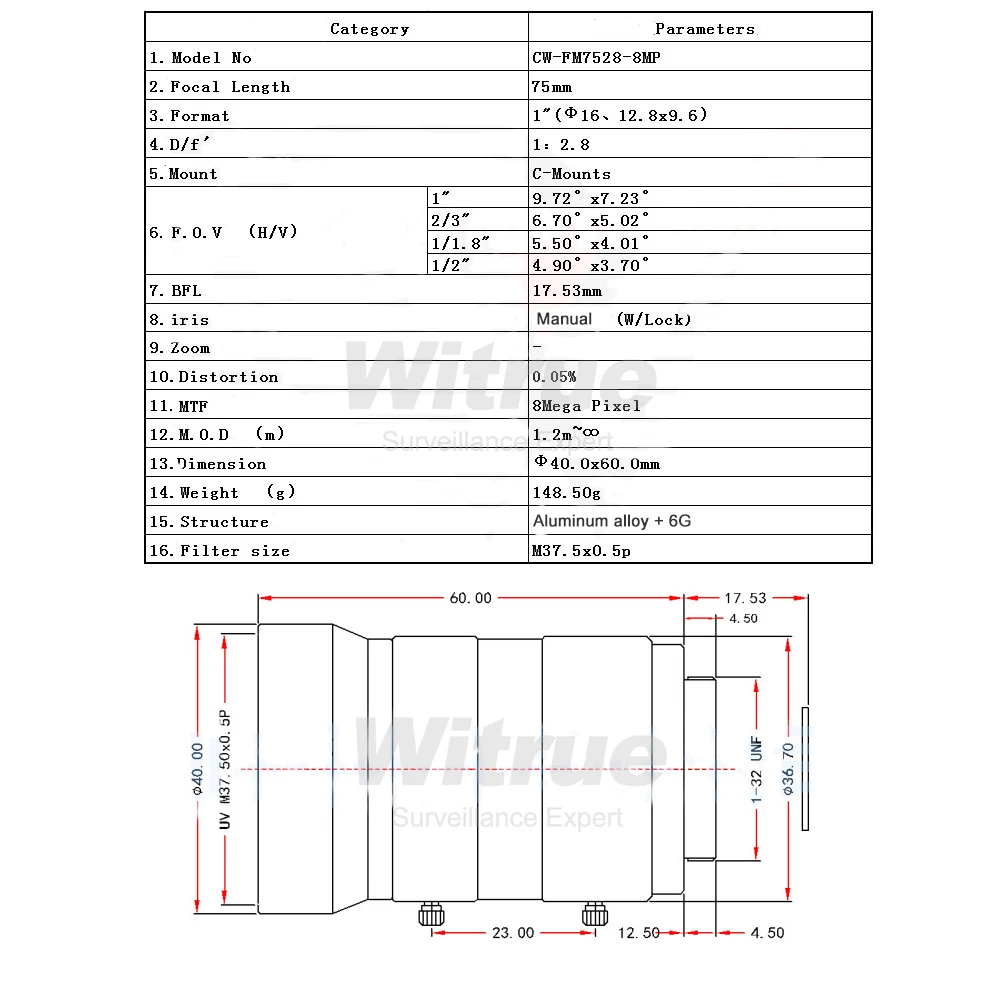 

HD 8MP CCTV Camera Lens 75mm C CS Mount Manual Manualg Iris Focus F2.8 Aperture 1" Image Format Security Camera Industrial LENS