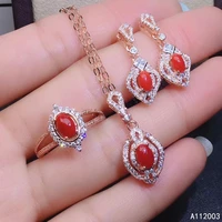 kjjeaxcmy fine jewelry 925 sterling silver inlaid natural gemstone red coral ring pendant earring set exquisite supports test