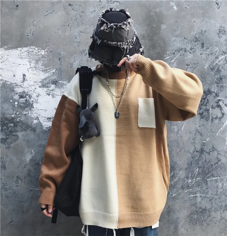 Winter Turtleneck Sweater Men's Warm Fashion Contrast Casual Knit Pullover Men Streetwear Hip Hop Knitting Sweaters Male Clothes
