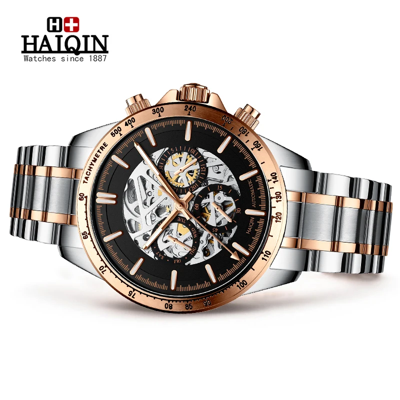 HAIQIN DESIGN Skeleton Mechanical Watches For Men Automatic Wristwatch Mens Watches Top Brand Luxury Stainless Steel Watch Men