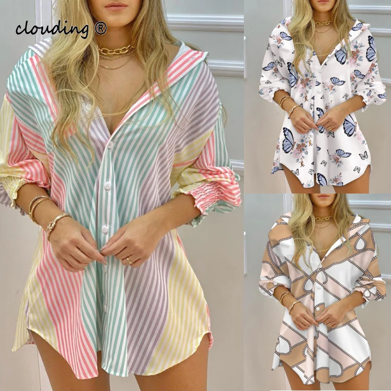 

Женская Осенняя Свободная рубашка в полоску с отложным воротником и длинными рукавами, модная плиссированная блузка на пуговицах, Офисная ...