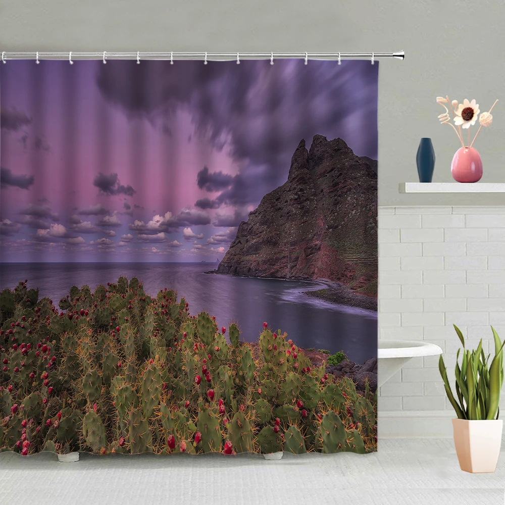 

Tropical Plants Cactus Shower Curtain Sea Tree Mountain Natural Scenery Bathroom Shower Curtains Hanging With Hooks Washable