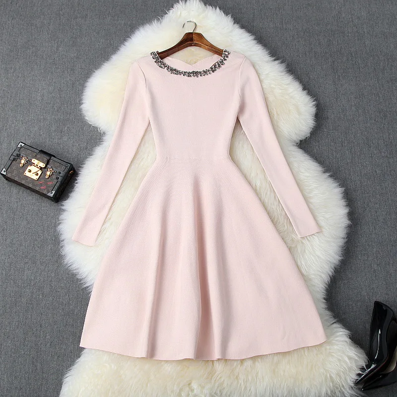 High Quality Blue Pink Sweater Dress Autumn Winter Knitwear Women Diamond Beading Long Sleeve Casual Knitted Dress Ladies