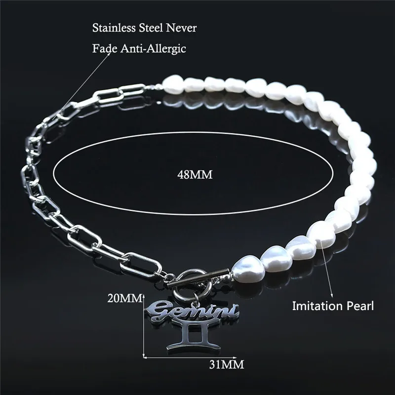 

StainlessSteel Imitation Pearls Gemini Punk Necklaces Charm Women Astrology Necklace Jewelry collier acier inoxydable NXS03