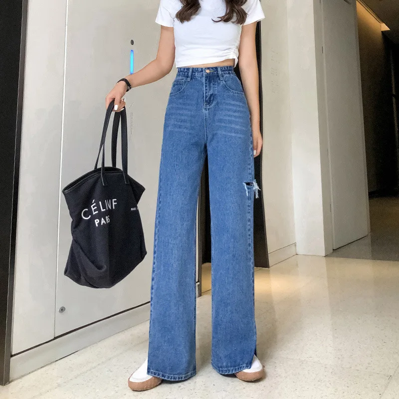 

2021 New Women's High Waist Loose Fashion Casual Jeans Fashion Split Straight Summer Mopping Pants Drape Trousers