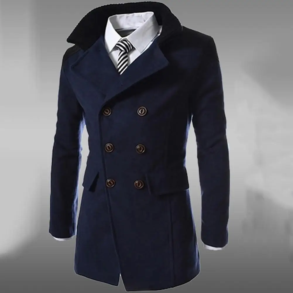 

Мужской двубортный Тренч с отложным воротником, однотонное двухстороннее шерстяное зимнее пальто для работы