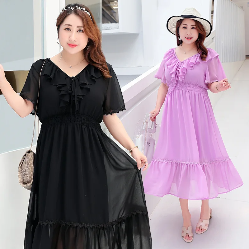 

Cute Summer Chiffon Ruffled Solid Women Fashion A-Line Sexy V Neck Loose 4xl 2 Set High Quality Office Beach Dress