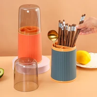 3 grid tableware drain drying holder with lid chopsticks spoon rack standing plastic storage container kitchen accessories