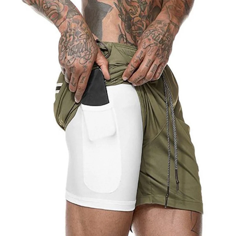 

Men's 2 In 1 Running Shorts Security Pockets Leisure Shorts Quick Drying Sport Shorts Built-in Pockets Hips Hiden Zipper Pockets