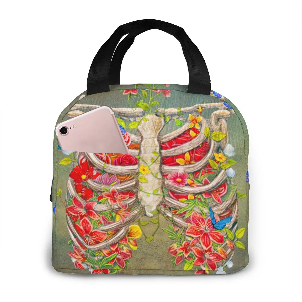 

Blooming Sskeleton With Butterflies Lunch Food Box Bag Insulated Thermal Food Picnic Lunch Bag for Women Men Cooler Tote Bag