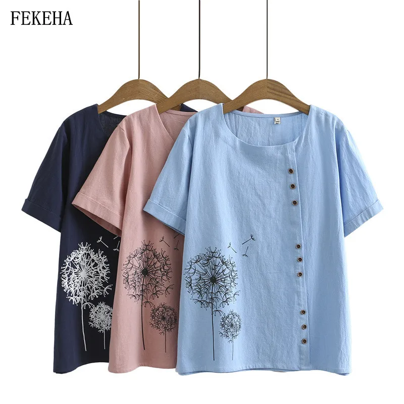 

Summer T-Shirt Women Dandelion Print Floral Lady Casual Tee Tops Loose Female Clothes Plus Size 4XL Pink