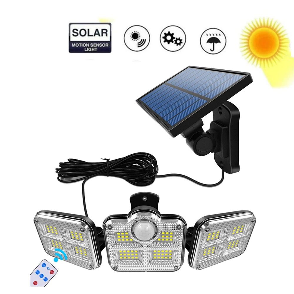 

138 led remote seperable 3 Head Motion Sensor Solar Lights 3 Modes Outdoor Illumination Super Bright Waterproof Wall Lamp 5M cab