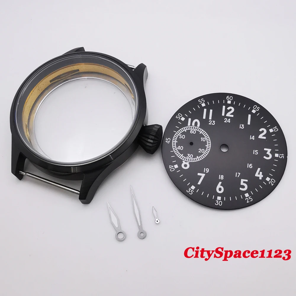 Corgeut 43mm Sapphire Black PVD watch case sterile dial hands fit ETA 6497 st36 hand winding movement | Наручные часы