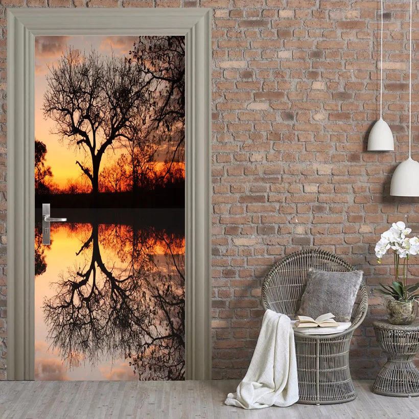 Наклейка с деревьями речной дверью домашний декор наклейка обои