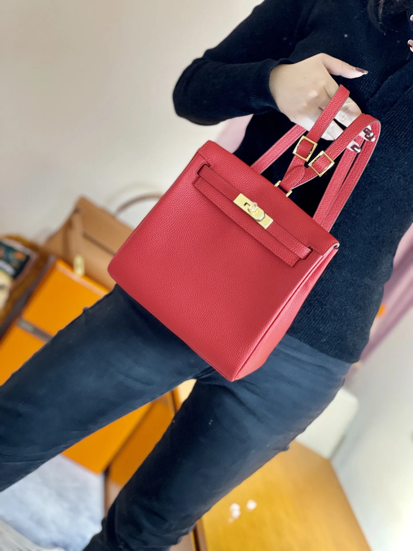 

Red Brand ADO BACKPACK,Luxury HANDBAG, 22CM,Togo Leather, Handmade Quality,Wax Lline Stitching, Fast delivery