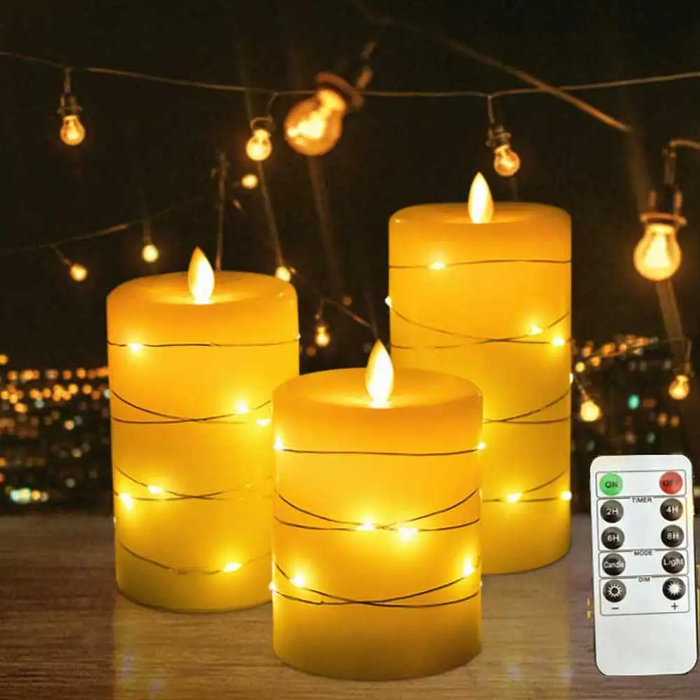 

Pack of 3 or 5 Paraffin Wax LED Easter Candles With Remote Control,Electronic Pillar Dancing Moving Wick Copper Candle Light