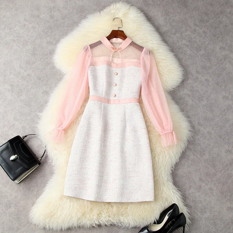 

European and American women's autumn 2021 new Long sleeve beaded plate button Mesh stitching tweed Fashionable dress