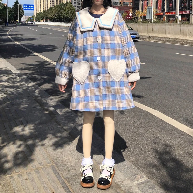

Japanese Sweet Soft Girl Coat Kawaii Sailor Collar Cute Full Sleeve Keep Warm Thicken JK Uniform Cardigan Woolen Cloth Outerwear