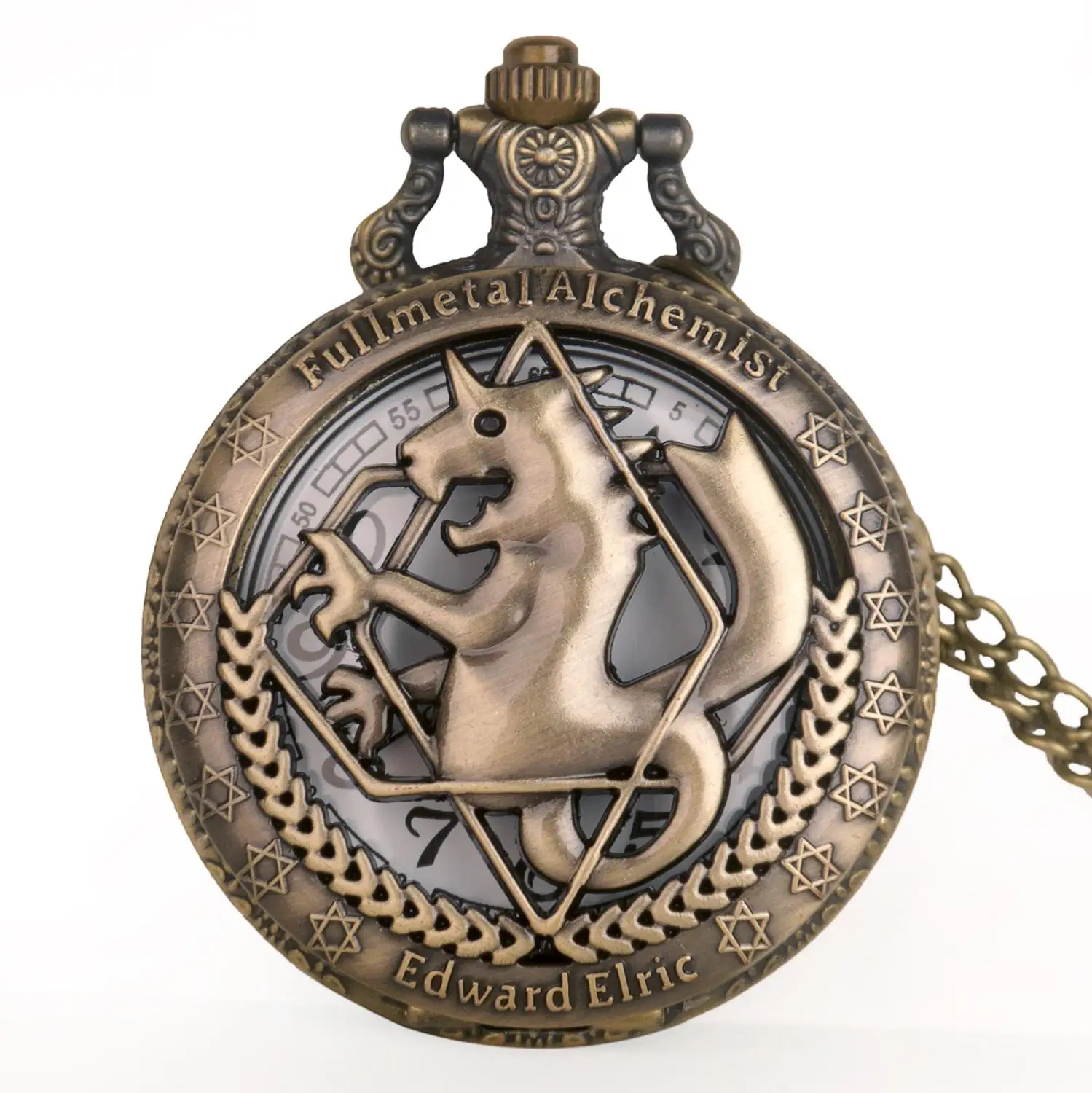 Bronze Hollow Pocket Watch Cosplay Edward Elric with chain Anime boys Gift wholesale | Наручные часы
