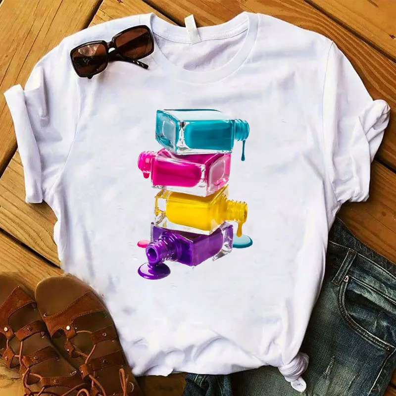 

Female Tee Shirt Ladies Clothes T-shirt Women T Shirts 3D Finger Nail Paint Color Printed Fashion Printed Top Tshirt